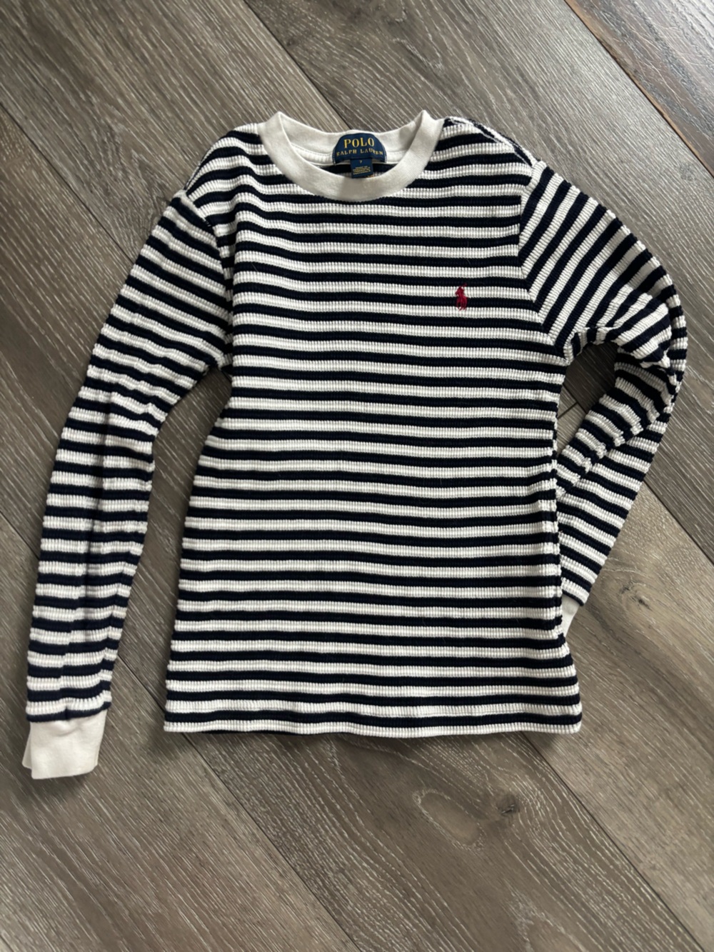 Polo by Ralph Lauren Navy & White Striped Crewneck Sweater with Red Pony